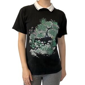 Vintage 1980s T-Shirt Collared Graphic Asian Grunge Cotton Black Size Meidum